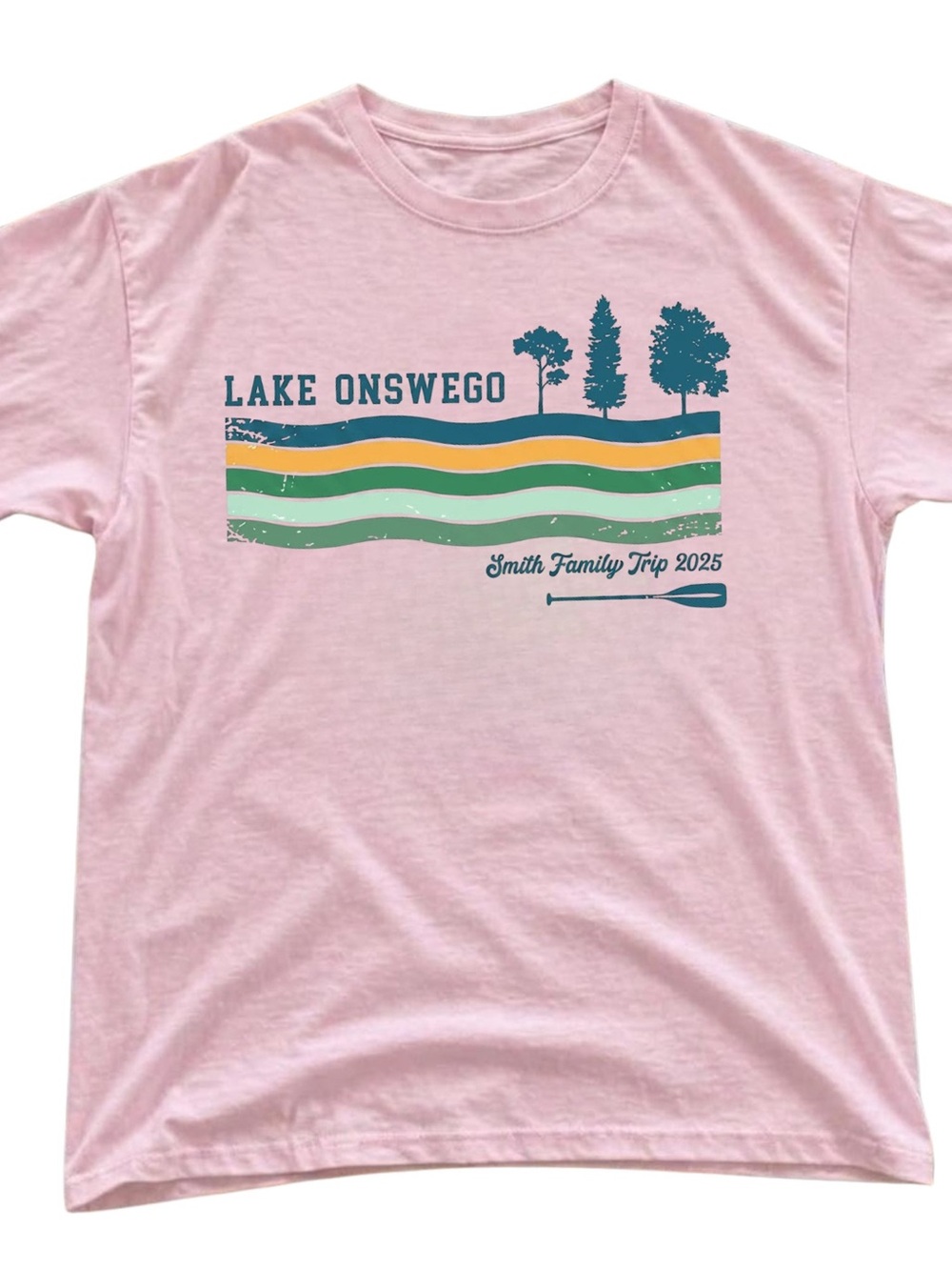 Gildan Pink Lake Onswego Graphic Tee with Teal, Yellow, and Green Print